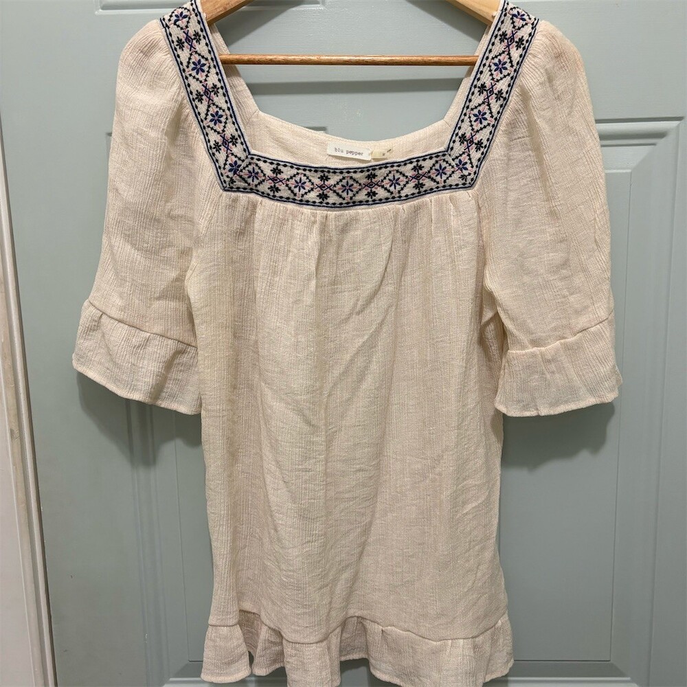 Blu Pepper Blouse Womens Size M Ivory Boho Embroidered Square Neck - Picture 1 of 9